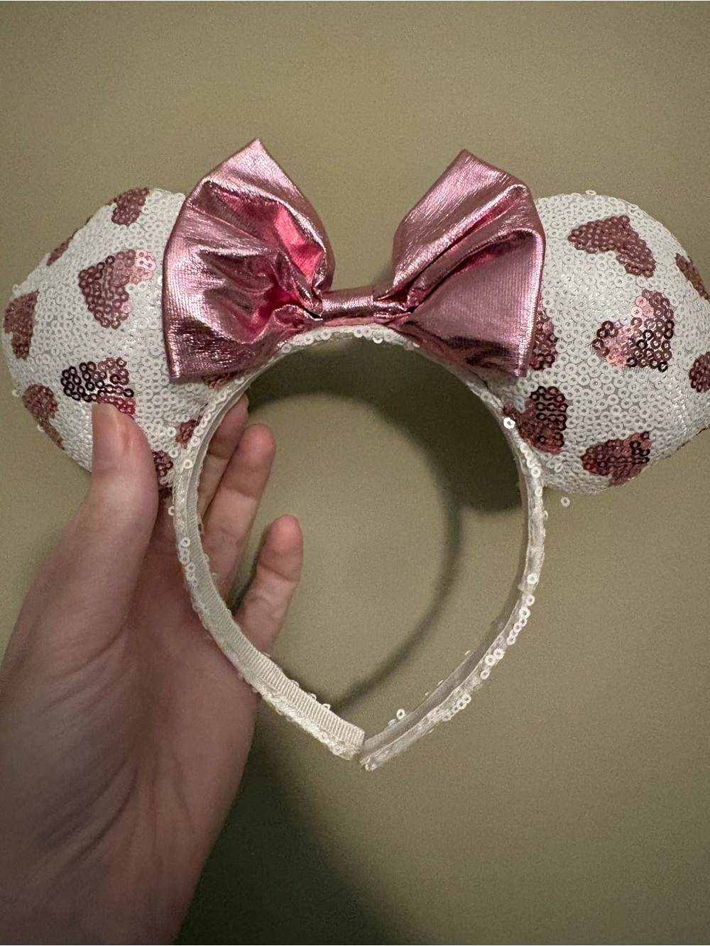 Disney White Sequin Mouse Ear Headband with Pink Metallic Bow